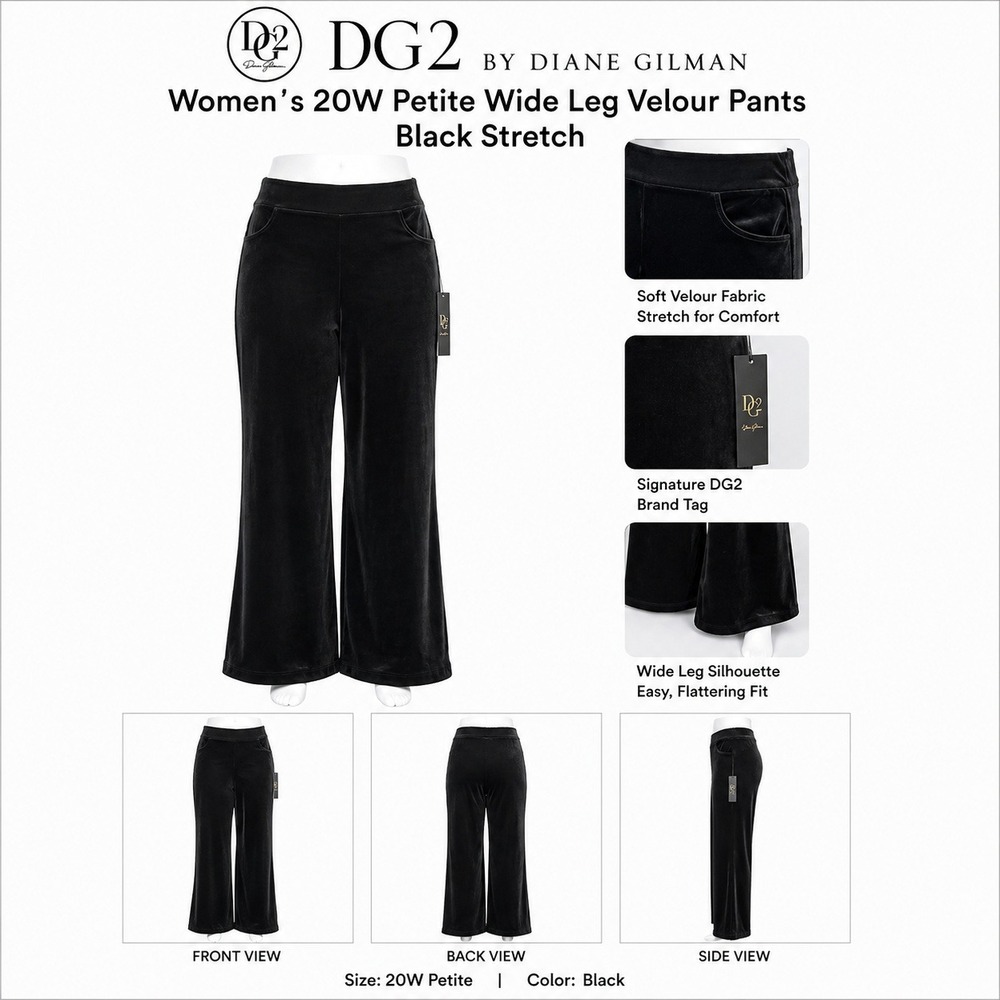 DG2 by Diane Gilman Womens 20W Petite Wide Leg Velour Pants Black Stretch NEW